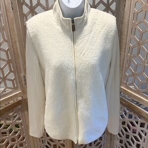 Talbots Cream Classy Cozy Knit Preppy Teddy Sherpa Zip Up Jacket size Large